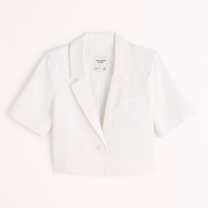 abercrombie & fitch linen-blend short-sleeve cropped blazer